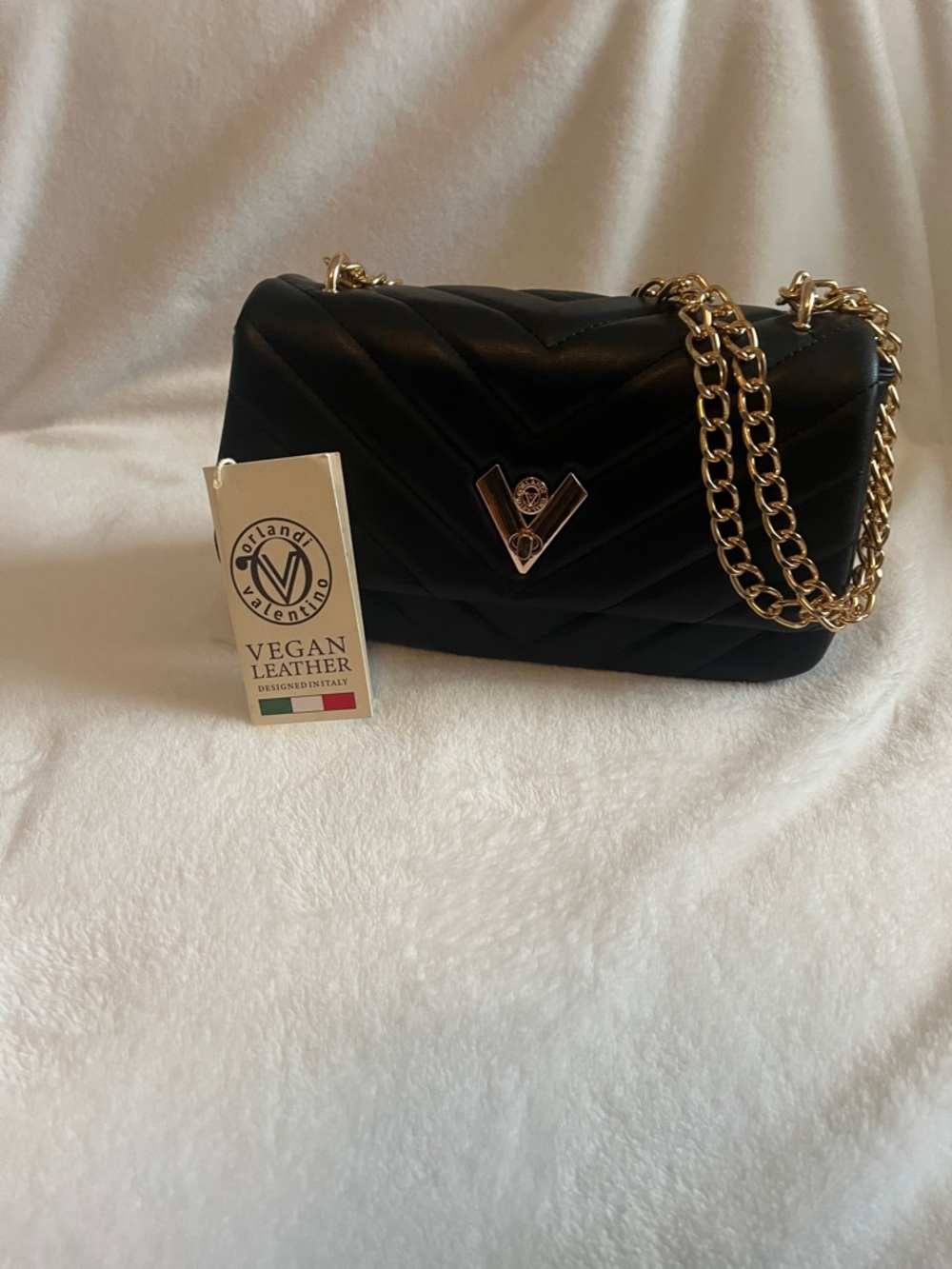 Valentino Orlandi Black Quilted Crossbody with Gold Chain